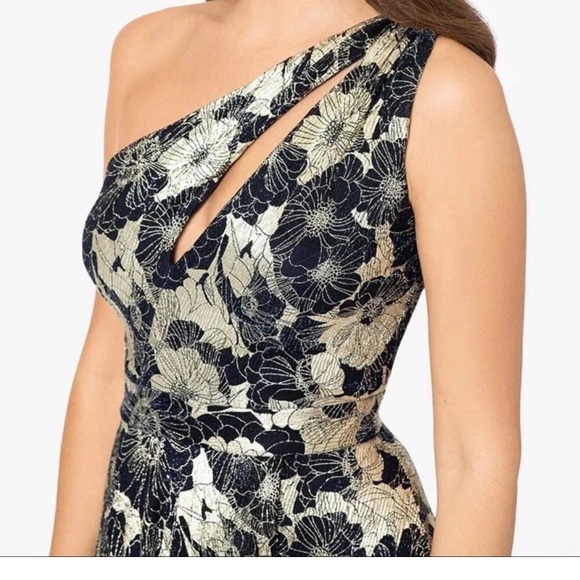 Betsy & Adam Navy and Gold Floral One-Shoulder Long Dress Gown Size 14 NWT - Picture 9 of 11